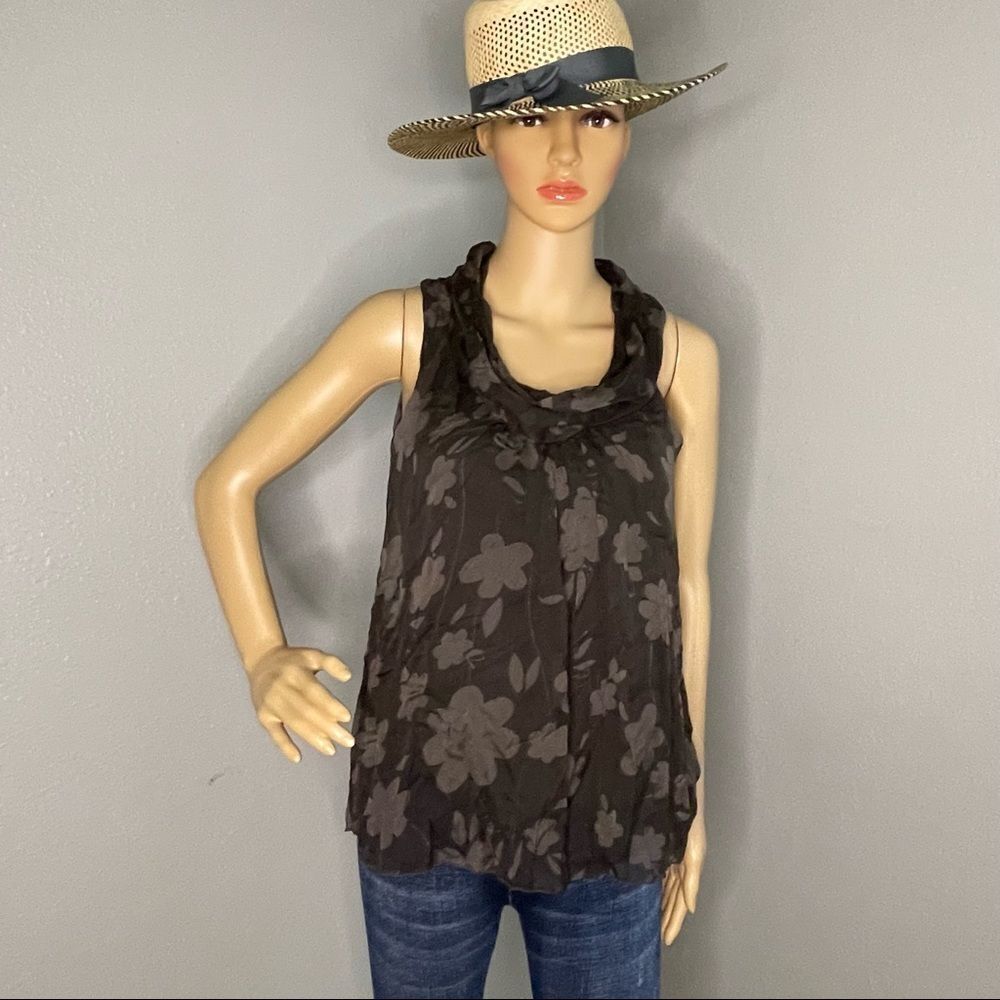 Carla Conti Sleeveless Dark Green Draped Neck Floral Silk Blouse Size Small